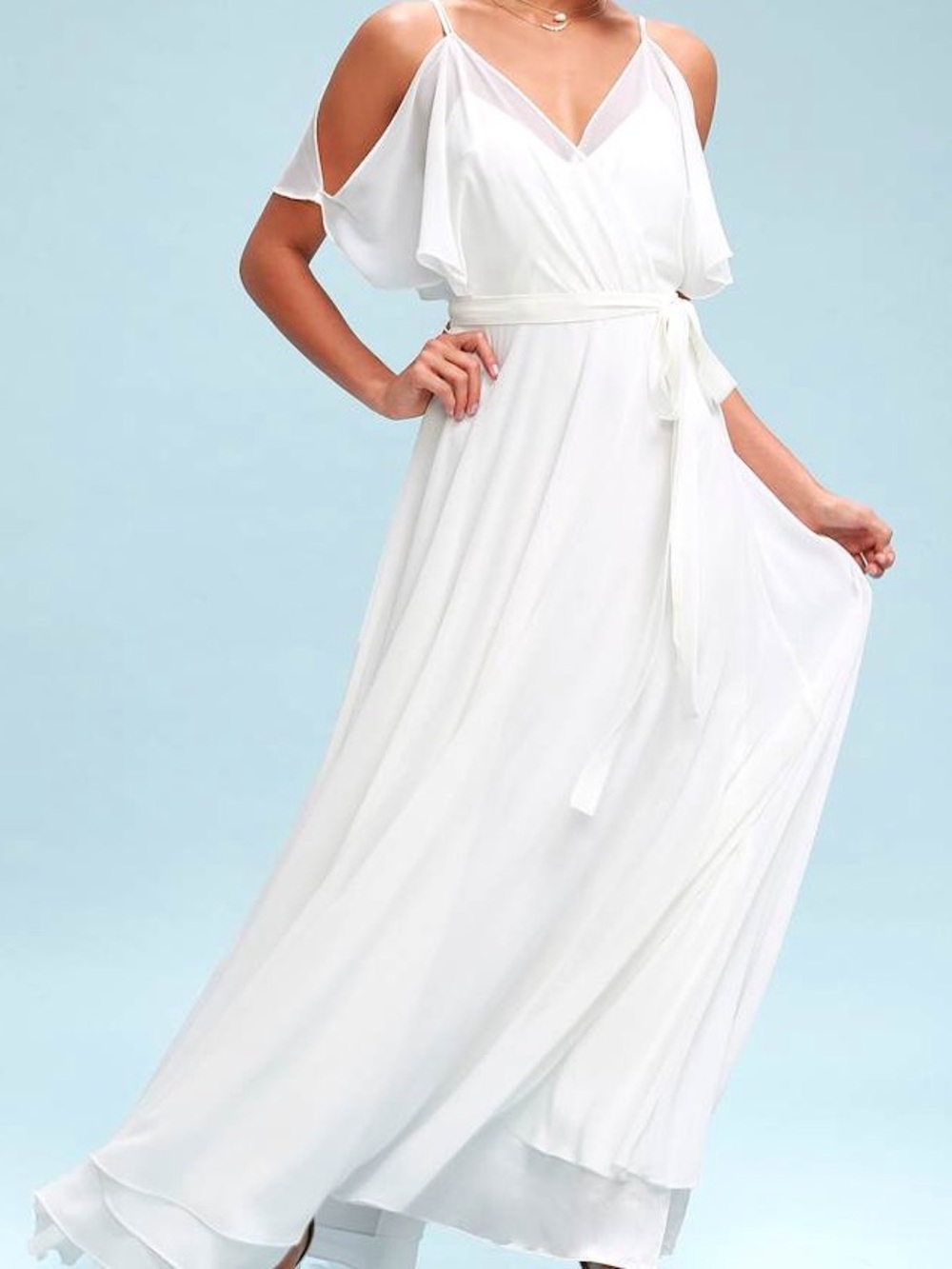 🆕 Lulu's White Cold-Shoulder V‑Neck Maxi Dress with Self Tie